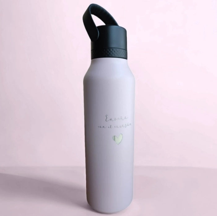 Botella Rosa empolvado Termo "RUNBOTT MII" 600ML. "Enseño con el corazón"