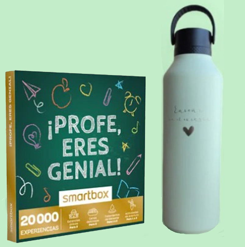 Caja de experiencias "Profe, eres genial" + botella Runbott "Enseño con el corazón"