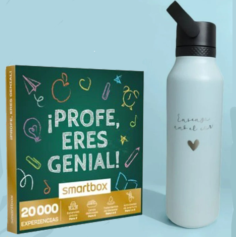 Caja de experiencias "Profe, eres genial" + botella Runbott "Ensenyo amb el cor"
