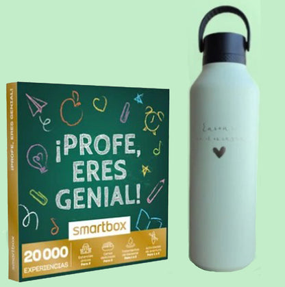 Caja de experiencias "Profe, eres genial" + botella Runbott "Enseño con el corazón"