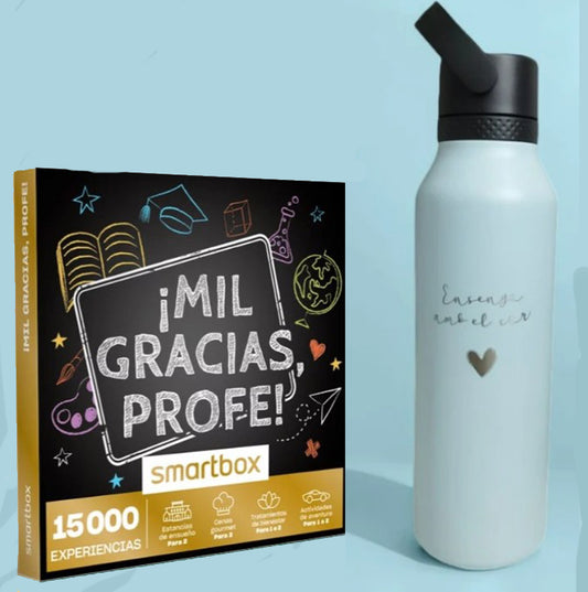 Caja de experiencias "Mil gracias profe" + botella Runbott "Ensenyo amb el cor"