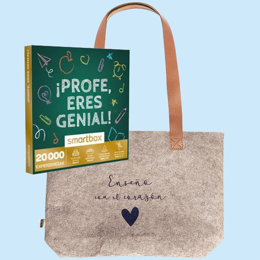 Caja regalo para maestras "Profe, eres genial", + bolso "Enseño con el corazón"