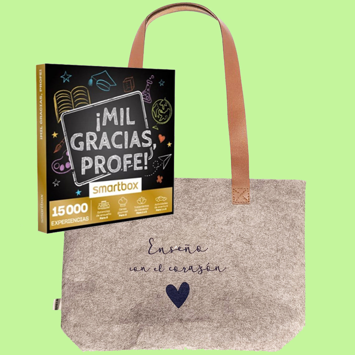 Caja de experiencias "Mil gracias profe" + bolso "Enseño con el corazón"