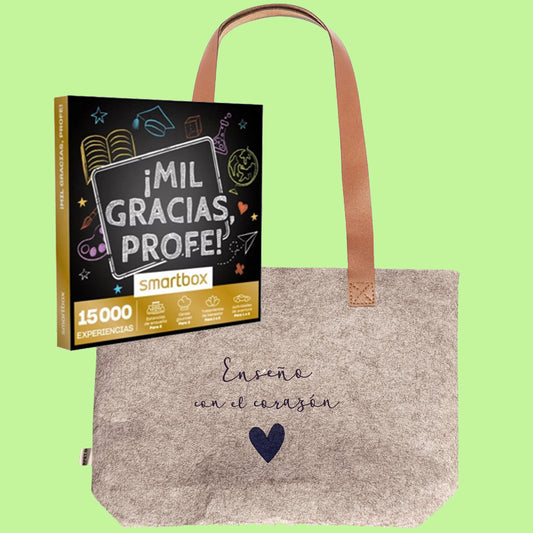 Caja de experiencias "Mil gracias profe" + bolso "Enseño con el corazón"